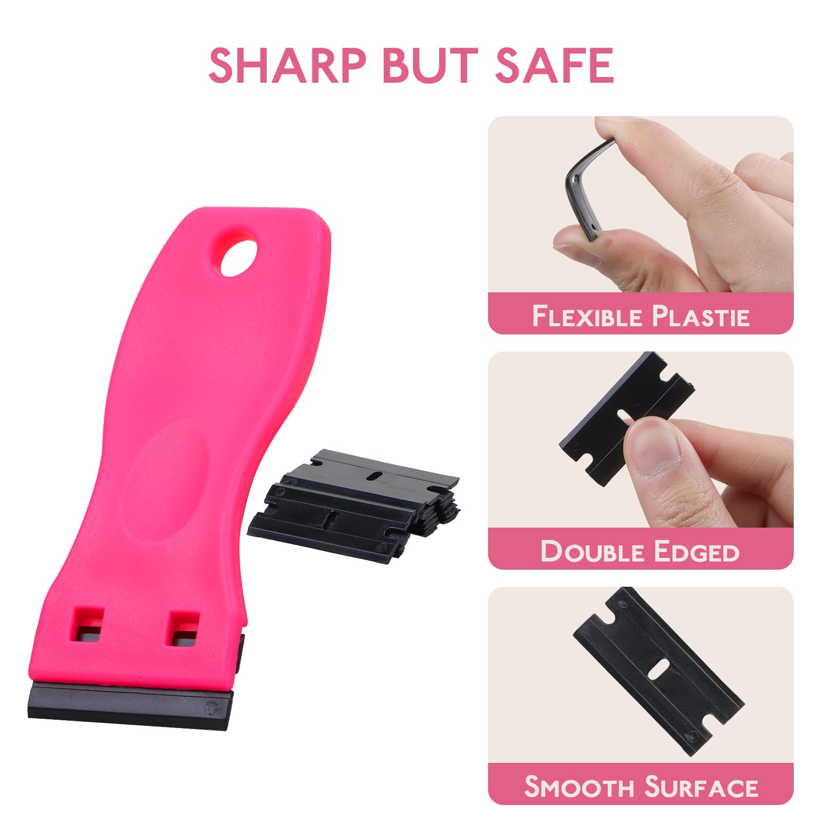 WENNALIFE Tape Remover Scraper Tool - 10 Replacement Blades & 6 Tape Tabs - Non-Scratch Adhesive Remover for Hair Extensions, Cleaning & DIY Projects - Plastic Razor Blade Scraper (Hot Pink)