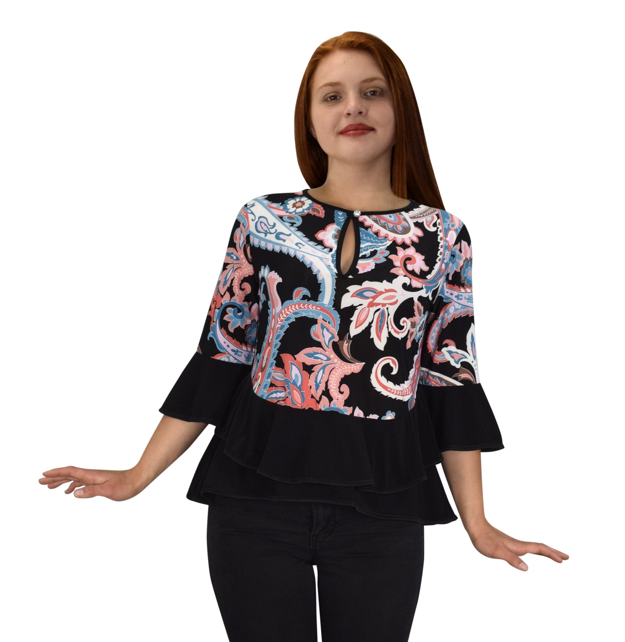 Women's Floral Bell Sleeve Blouse with Keyhole Neck & Double Hem - Elegant Boho Tops for Office, Date Night & Spring Outfits