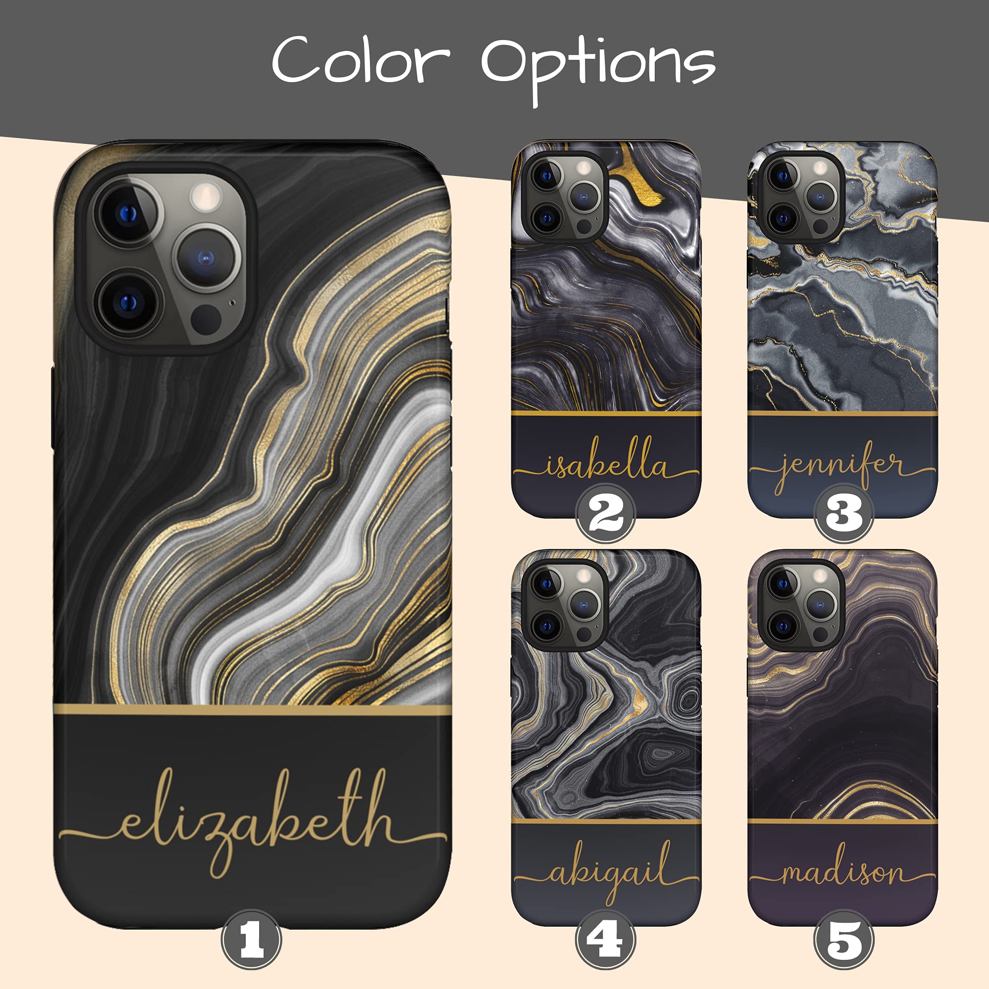 Custom Black & Gold Agate Marble Phone Case - Personalized Name Engraved - Compatible with iPhone 16 Plus/15 Pro Max/14/13 Mini/12/11/X/XS Max/XR/7/8 - Stylish Protection for Work, Travel & Everyday Use