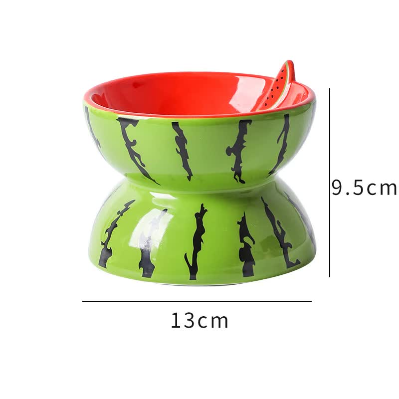 Ceramic Elevated Pet Food Bowl for Dogs & Cats - Non-Slip Stand, Ergonomic Design, Watermelon Pattern - Perfect for Small & Medium Pets at Home or Travel
