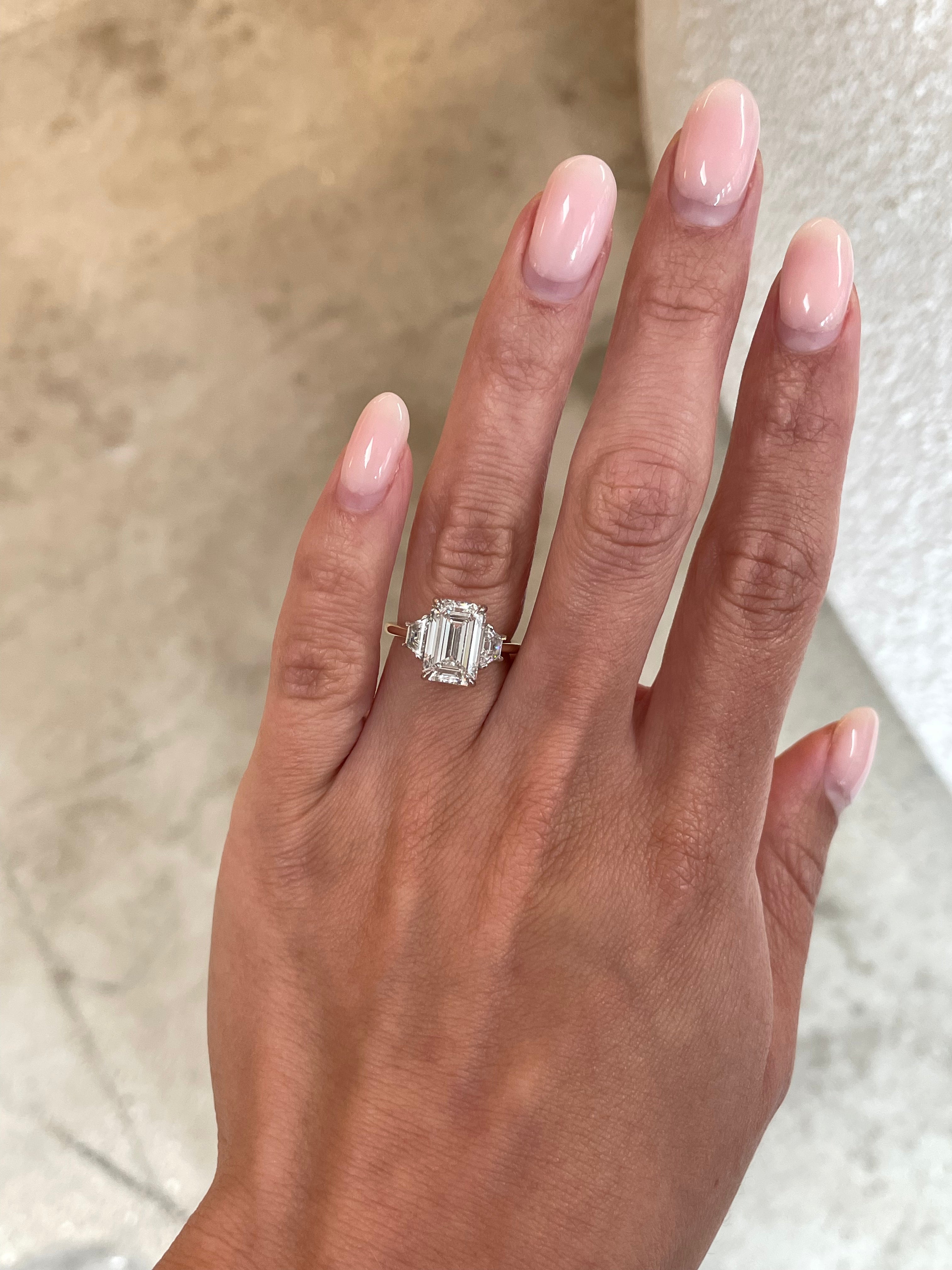 3.65 Carat Lab Grown Emerald Whisper Thin® Three Stone Ring with Trapezoid Side Stones - Elegant Engagement & Wedding Jewelry for Women