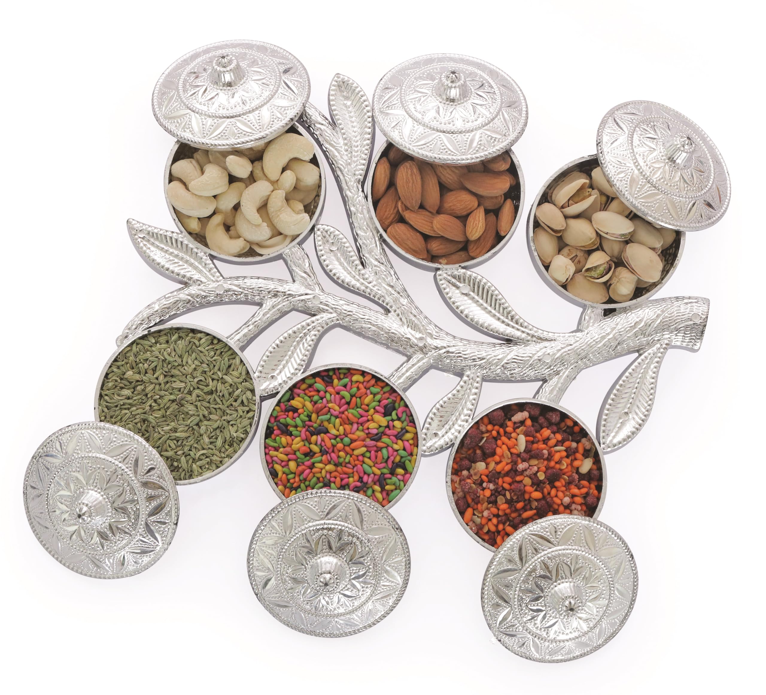 Elegant Silver Tree-Shaped Dry Fruit Serving Tray - 6-Section Traditional Mukhwas Box for Snacks, Nuts & Mouth Fresheners | Perfect for Indian Weddings, Diwali Gifts & Home Decor