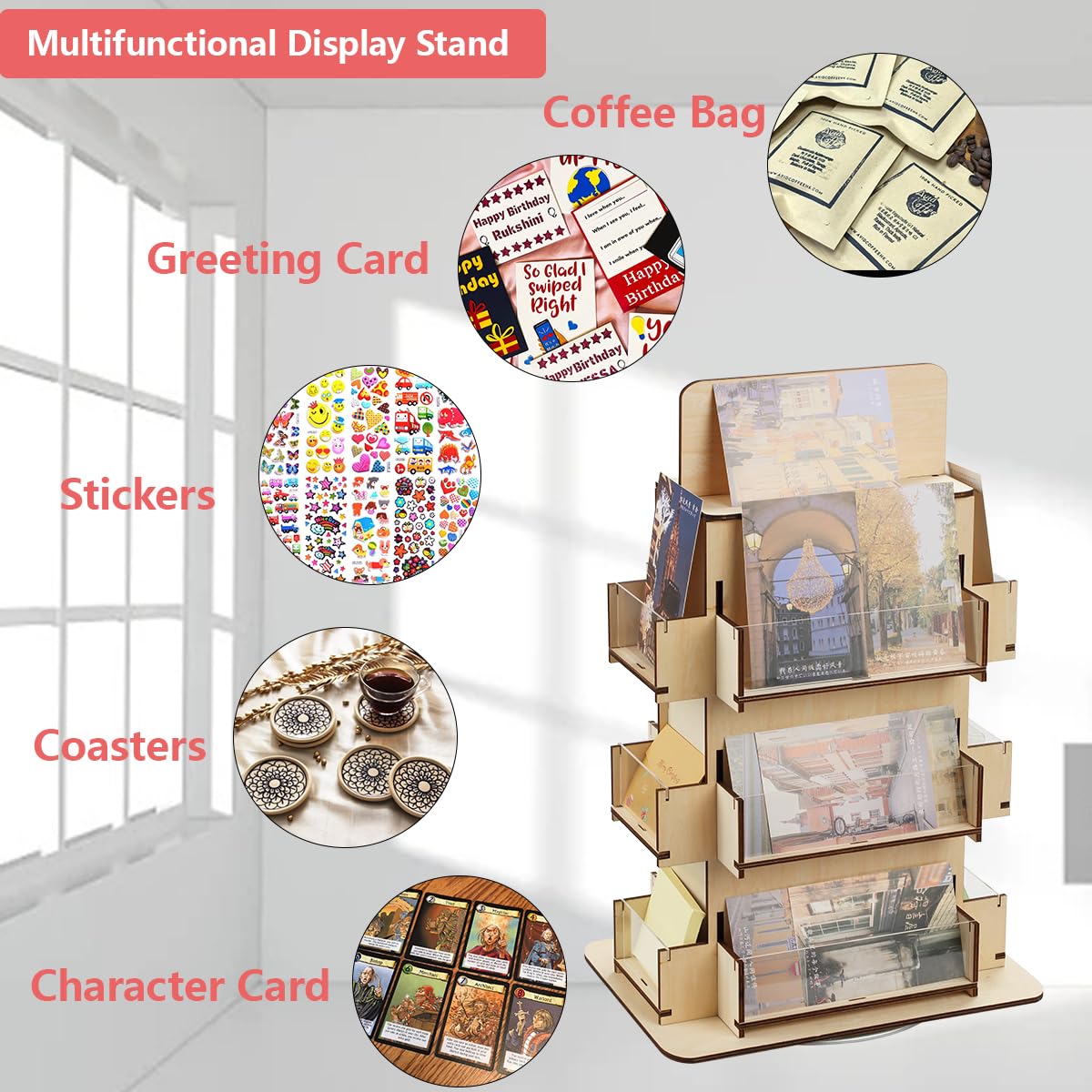 3-Tier Wooden Sticker Display Stand - 360° Rotating 4-Sided Sticker Holder for Retail Stores, Craft Fairs & Boutique Merchandising