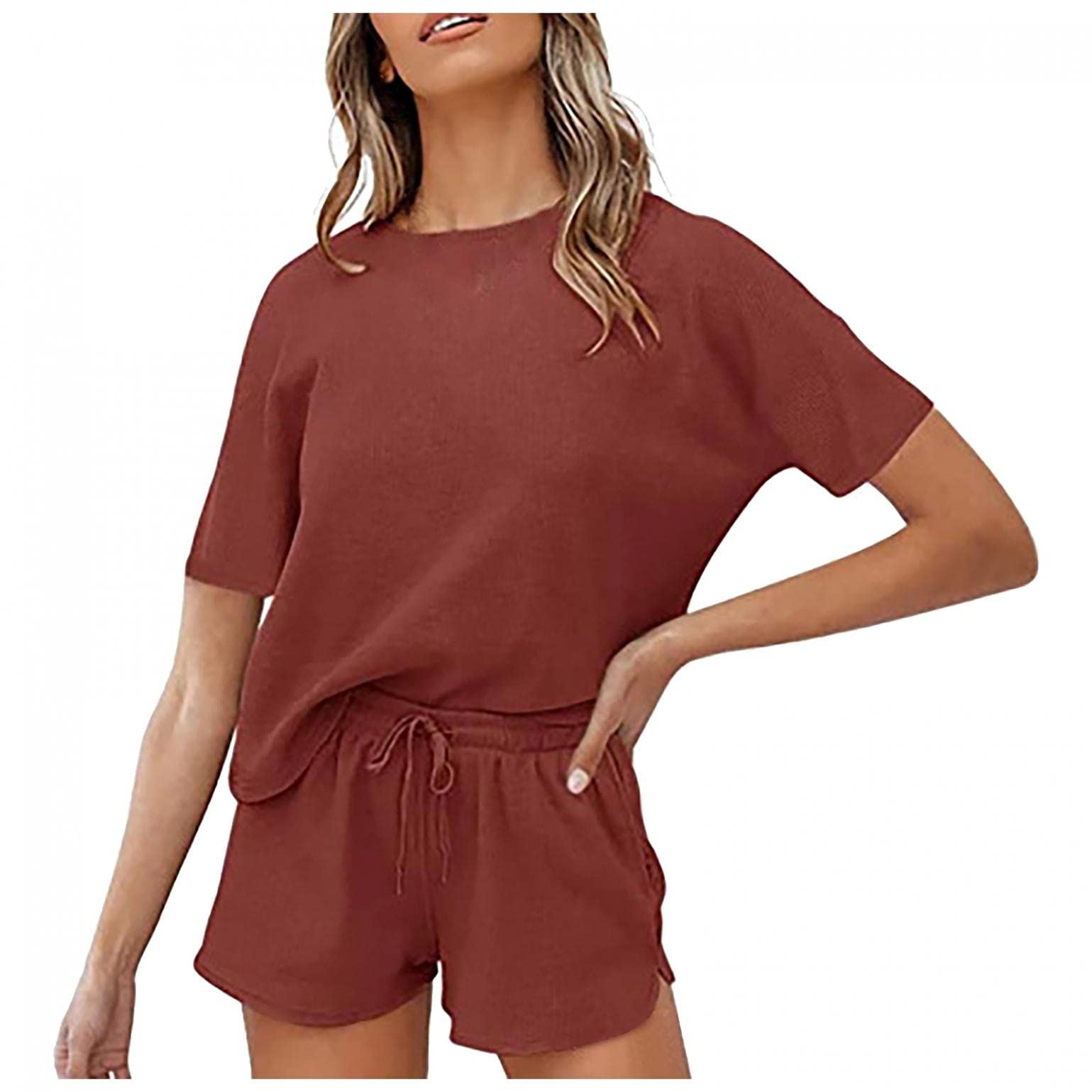 Women's 2-Piece Waffle Knit Short Sleeve Top & Shorts Set with Pockets - Casual Loungewear, Sleepwear & Summer Outfit for Home, Travel & Relaxation