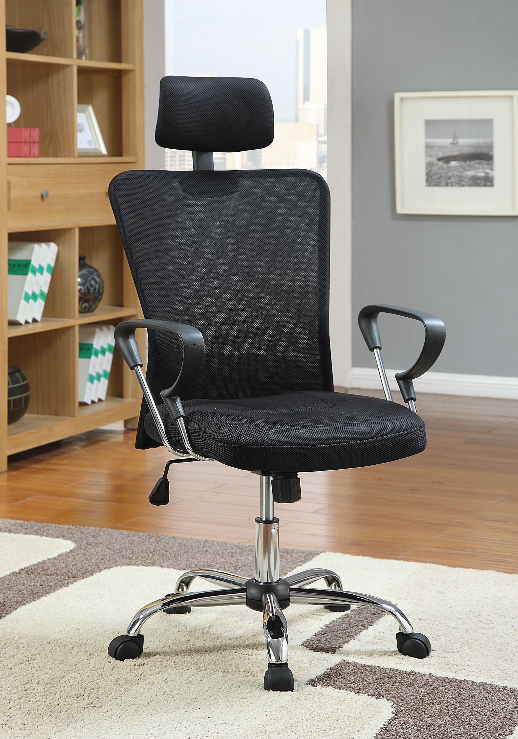 Adjustable Mesh Office Chair with Coaster Base - Ergonomic Black Swivel Task Chair for Home & Office Workspace (Model 800206)