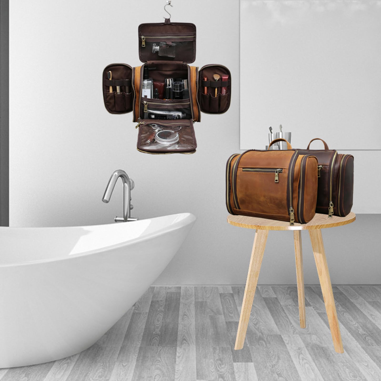 Premium Genuine Leather Hanging Toiletry Bag for Men & Women - Personalized Travel Shaving Kit & Dopp Kit Organizer - Ideal for Groomsmen Gifts, Wedding Presents & Business Travel - Perfect for Camping, Gym & Vacation (Brown)