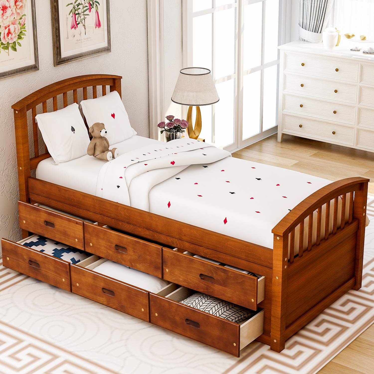 JULYFOX Twin Storage Bed Frame with 6 Drawers - Walnut Pine Wood Platform for Small Spaces | Heavy Duty Bedroom Furniture
