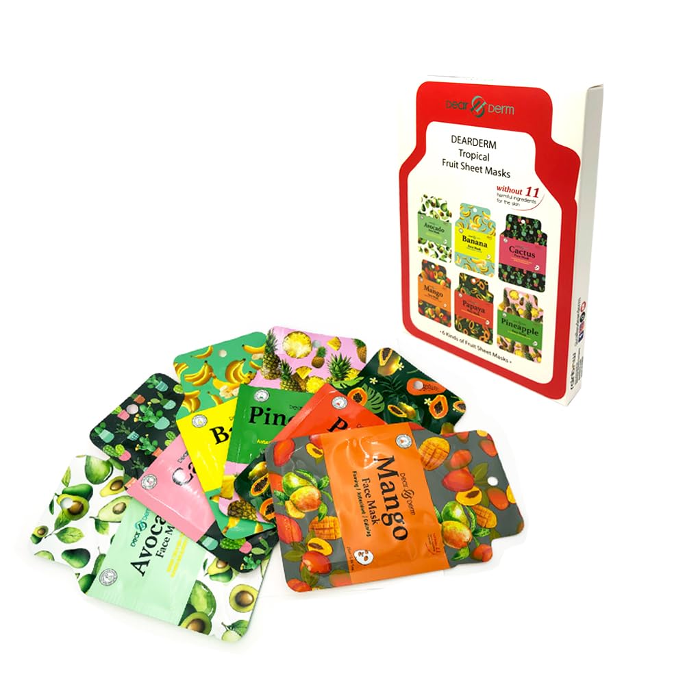 Dear & Derm 6-Piece Tropical Fruit Facial Sheet Mask Set - Hydrating, Moisturizing & Soothing Skincare Treatment with Papaya, Mango & More - Perfect for Spa Night, Self-Care Routine & Gift Giving