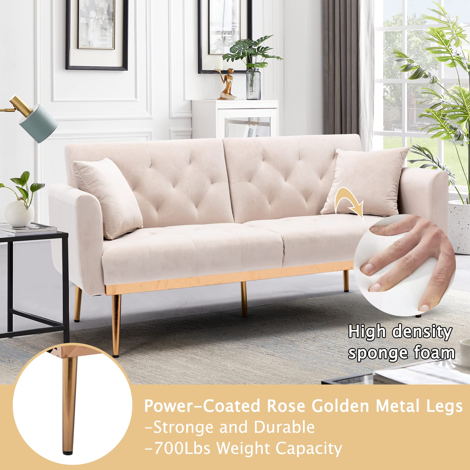 Velvet Accent Loveseat Sofa with Rose Gold Metal Feet - Convertible Sleeper Sofa Bed for Small Spaces, Modern Futon Couch with Split Back Design & 2 Pillows (63.8
