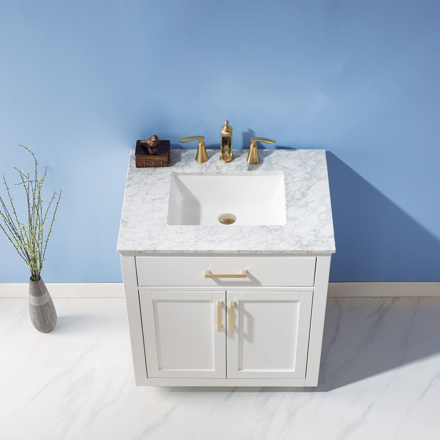 Ivy 30 Inch Single Bathroom Vanity Set with Carrara White Marble Countertop - Modern Sink Cabinet for Small Bathrooms, Powder Rooms & Guest Baths