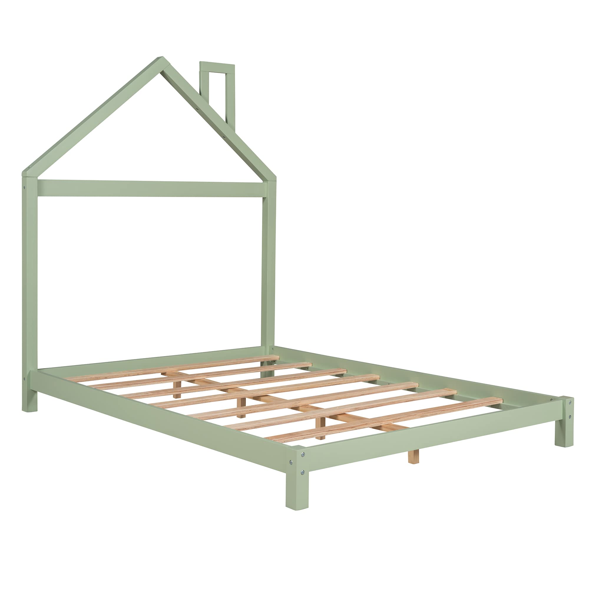 Full Size Wood Platform Bed with House Shape Headboard - Sturdy Bed Frame for Kids, Teens, Boys & Girls - Green Wooden Bed for Bedroom, Nursery, or Dorm Room - Perfect for Sleepovers & Cozy Nights