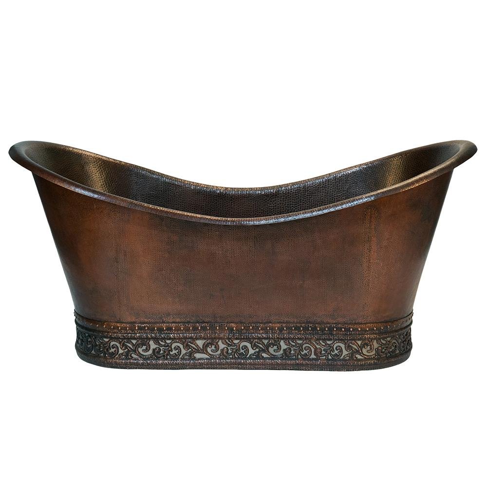 Premier 67-Inch Hammered Copper Double Slipper Bathtub with Scroll Base & Nickel Inlay - Freestanding Soaking Tub for Luxury Bathroom & Spa Retreat (BTN67DB)