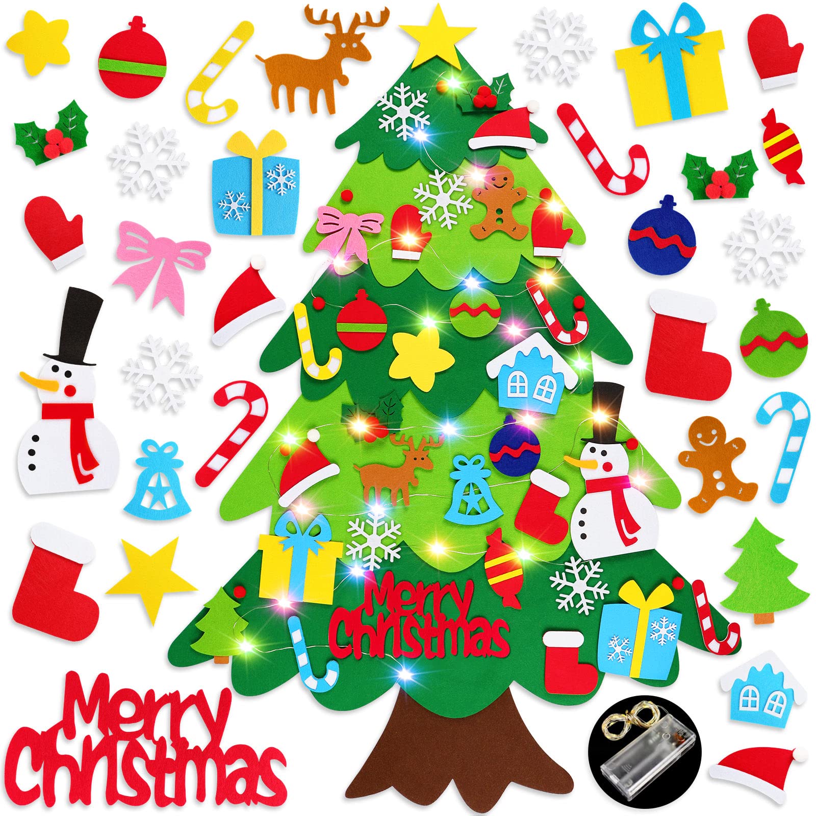 DIY Felt Christmas Tree Wall Hanging with LED String Lights & 32 Detachable Ornaments - Holiday Home Decor for Parties, Living Room, Bedroom & Nursery Decorations