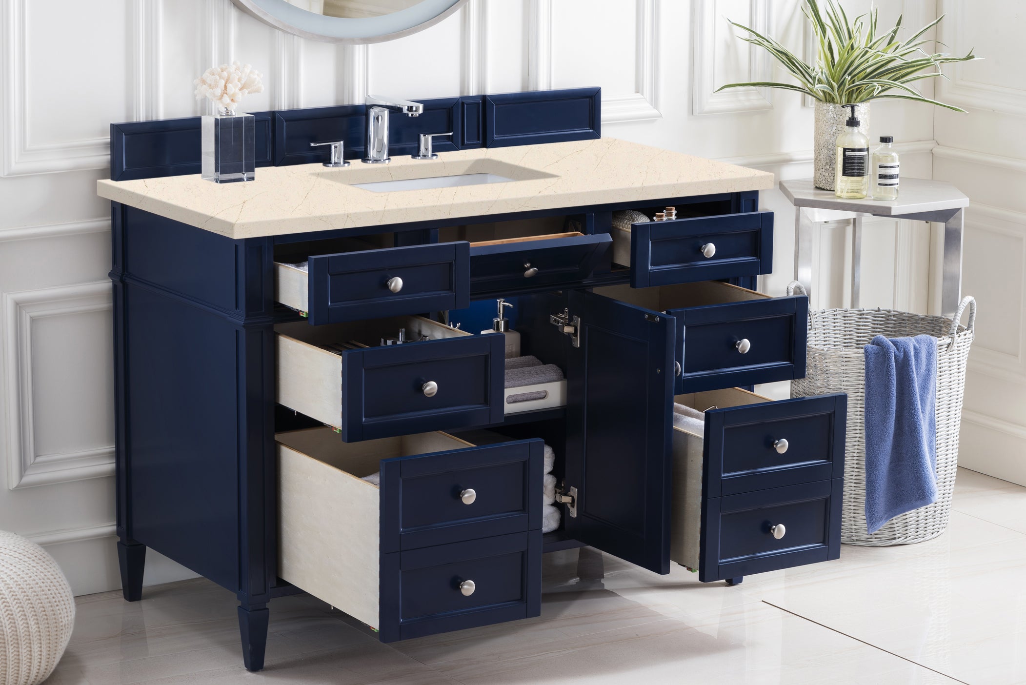 Brittany 48-Inch Single Bathroom Vanity in Victory Blue with 3CM Eternal Marfil Quartz Countertop - Perfect for Modern Master Bathrooms & Guest Suites