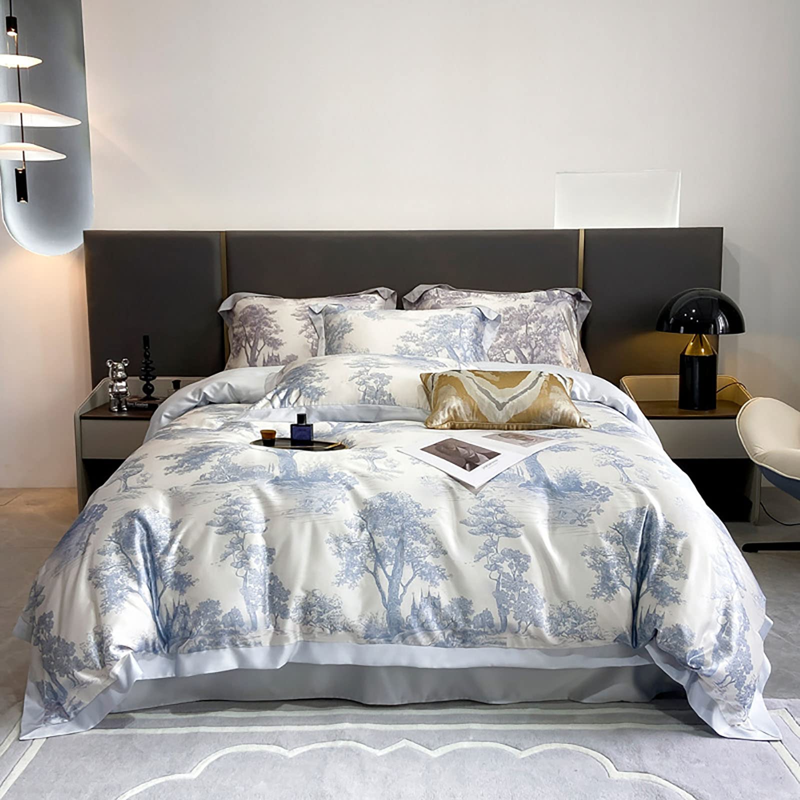 Premium Tencel Duvet Cover Set - Silky Soft Satin Jacquard Cooling Bedding with Zipper & Corner Ties | Breathable Eucalyptus Fabric | Full Size Blue | Perfect for Hot Sleepers & Summer Nights