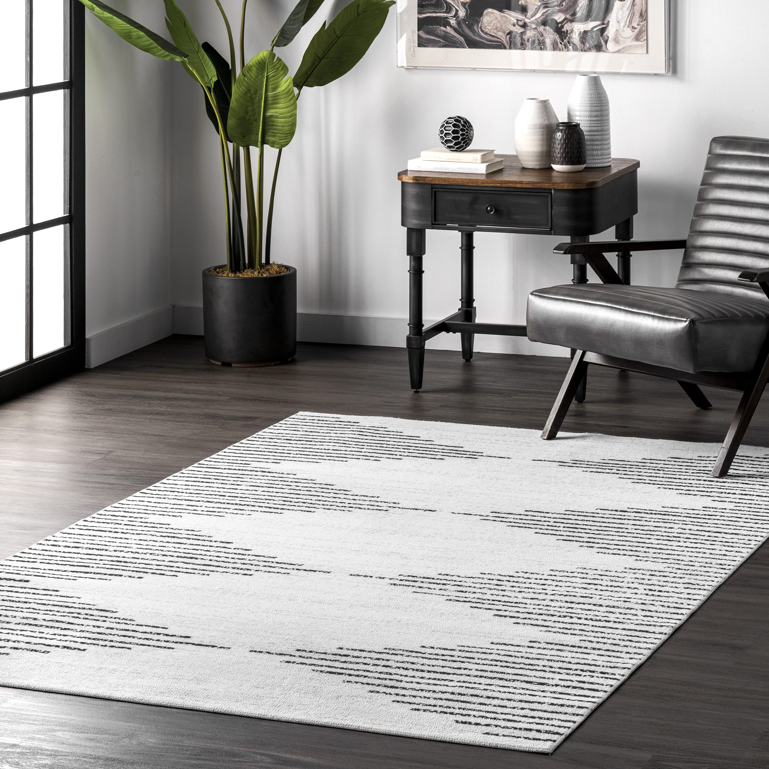 nuLOOM Romina Machine Washable Diamond Stripes Area Rug 8' x 8' Square White - Perfect for Living Room, Bedroom & Home Decor