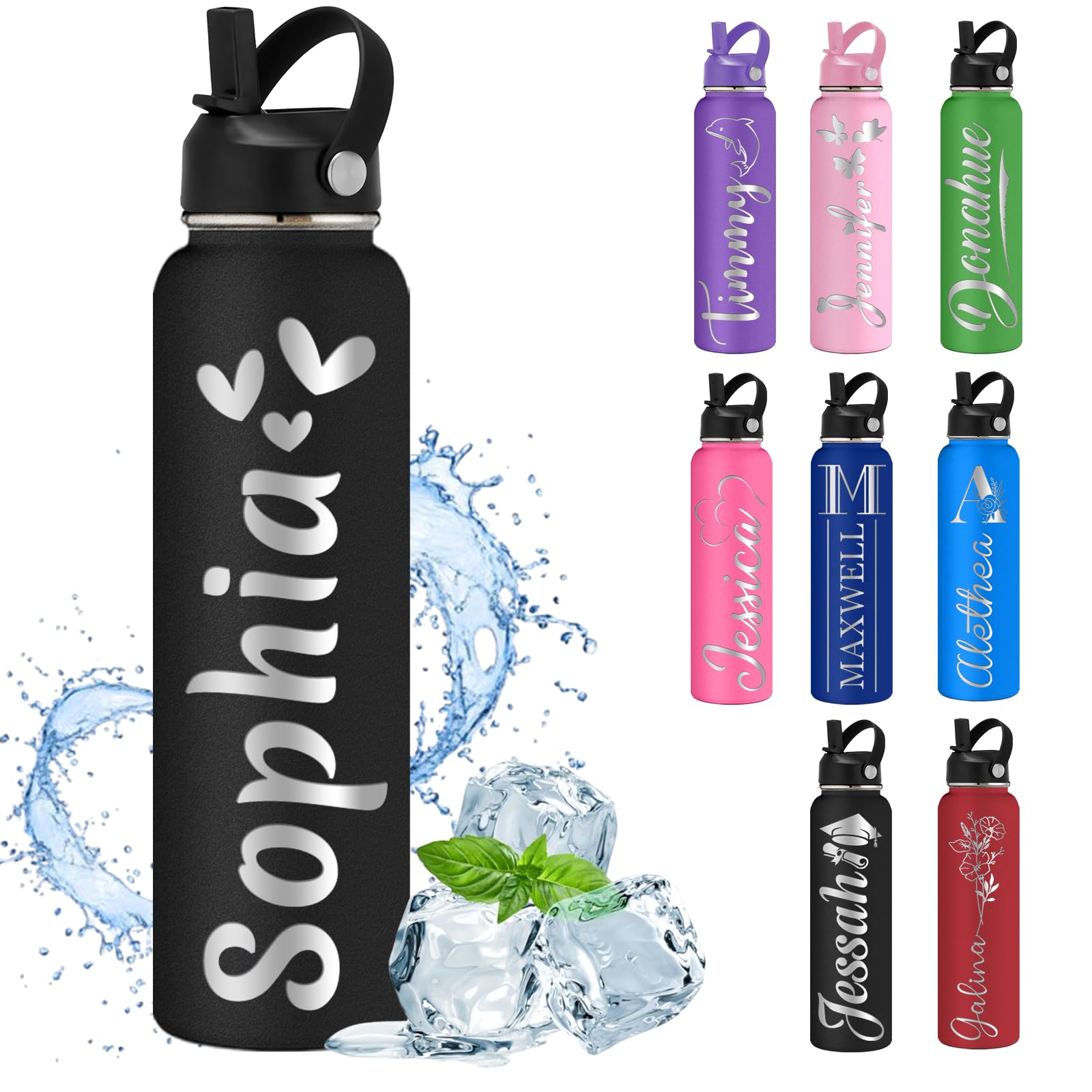 Personalized Stainless Steel Water Bottle with Straw Lid - Custom Name Engraved, Double Wall Insulated (12oz/18oz/24oz/32oz/40oz) - Perfect for School, Gym, Hiking & Outdoor Activities