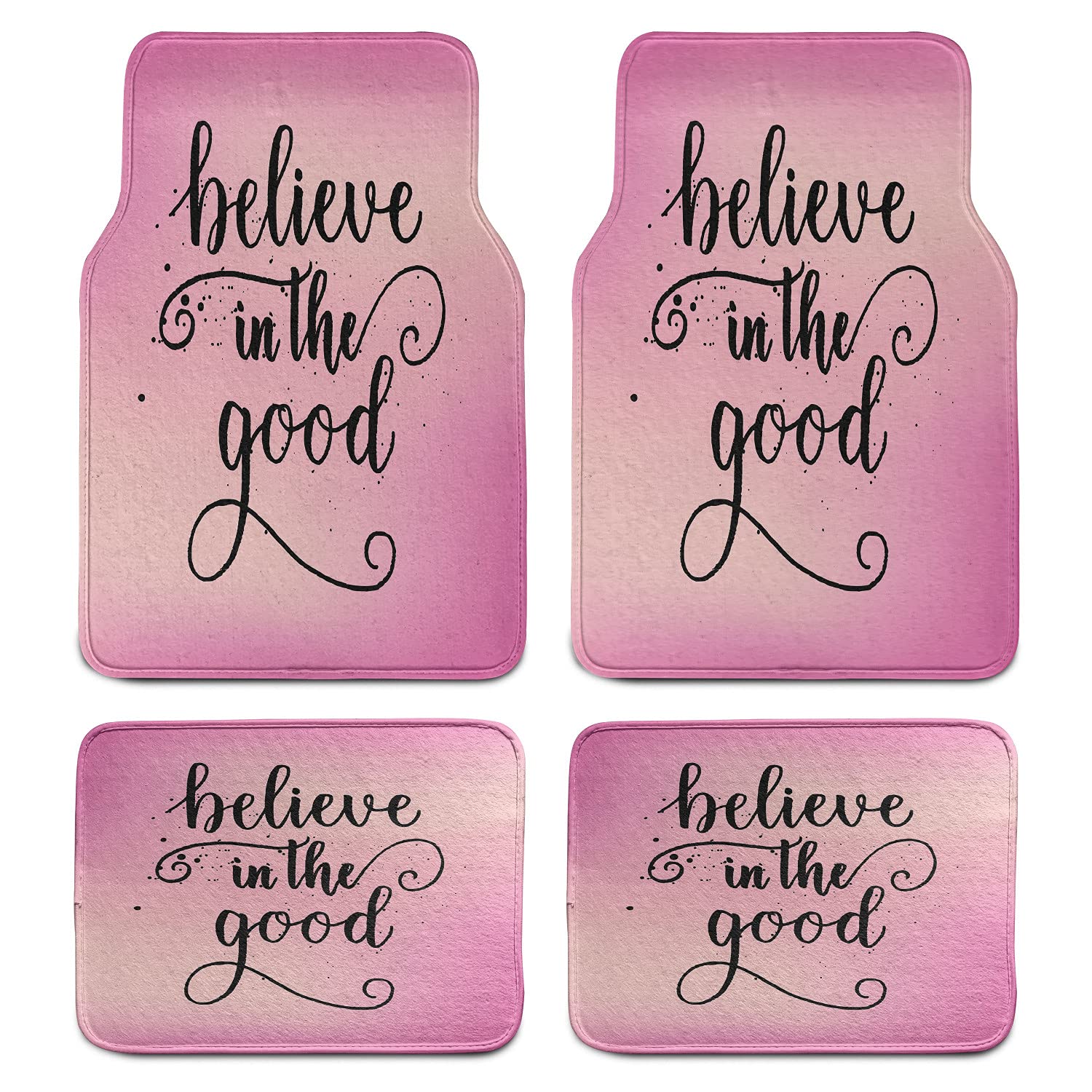 Lunarable Inspirational Car Floor Mats Set of 4 - Positive Cursive Calligraphy with Polka Dots, Non-Slip PVC Backing for Front & Back Seats (Pastel Pink) | Durable Car Accessories for Sedans, SUVs & Trucks