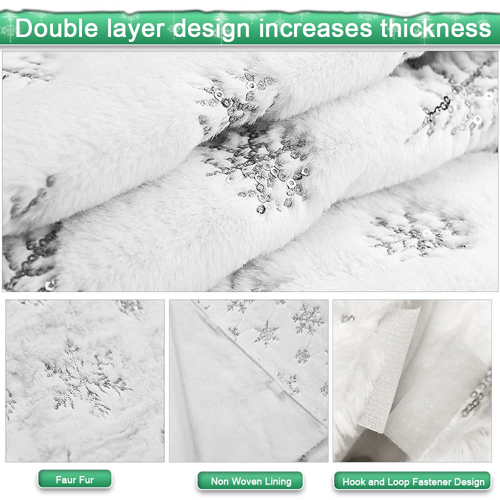 72 Inch White Faux Fur Christmas Tree Skirt with Sequin Silver Snowflakes - Holiday Party Decor for Xmas Tree, Home, and Festive Gatherings