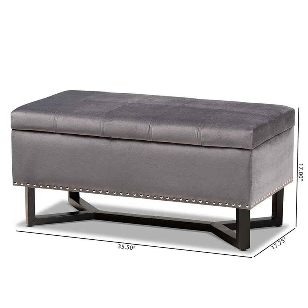 BOWERY HILL Grey Velvet Upholstered Storage Ottoman with Brown Wooden Legs - Perfect for Living Room, Bedroom, or Entryway Organization