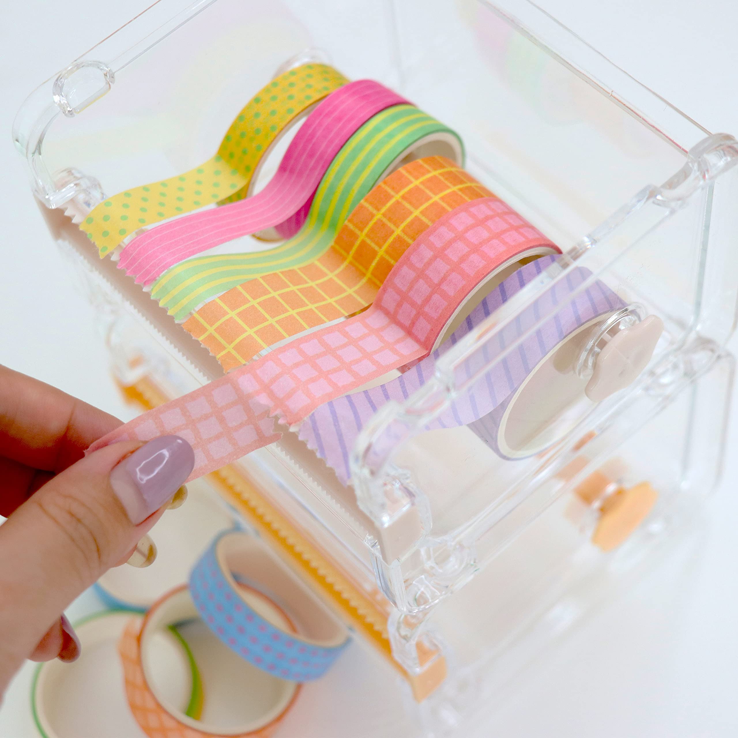 Hilitand Clear Plastic Washi Tape Dispenser - Transparent Tape Cutter & Roll Holder for Office, School, Crafting & Scrapbooking (White) - Perfect for Organizing Desk Supplies, Gift Wrapping & DIY Projects
