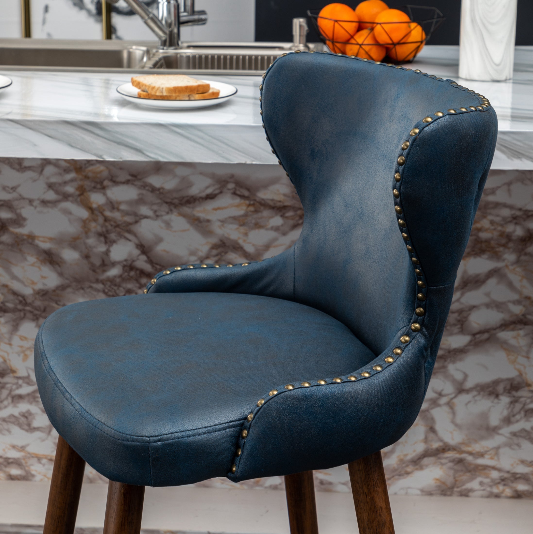 Roundhill Furniture Nevis Mid-Century Modern Faux Leather Tufted Bar Stools with Nailhead Trim - Set of 2 Blue Barstools for Kitchen Island, Breakfast Nook & Home Bar Decor