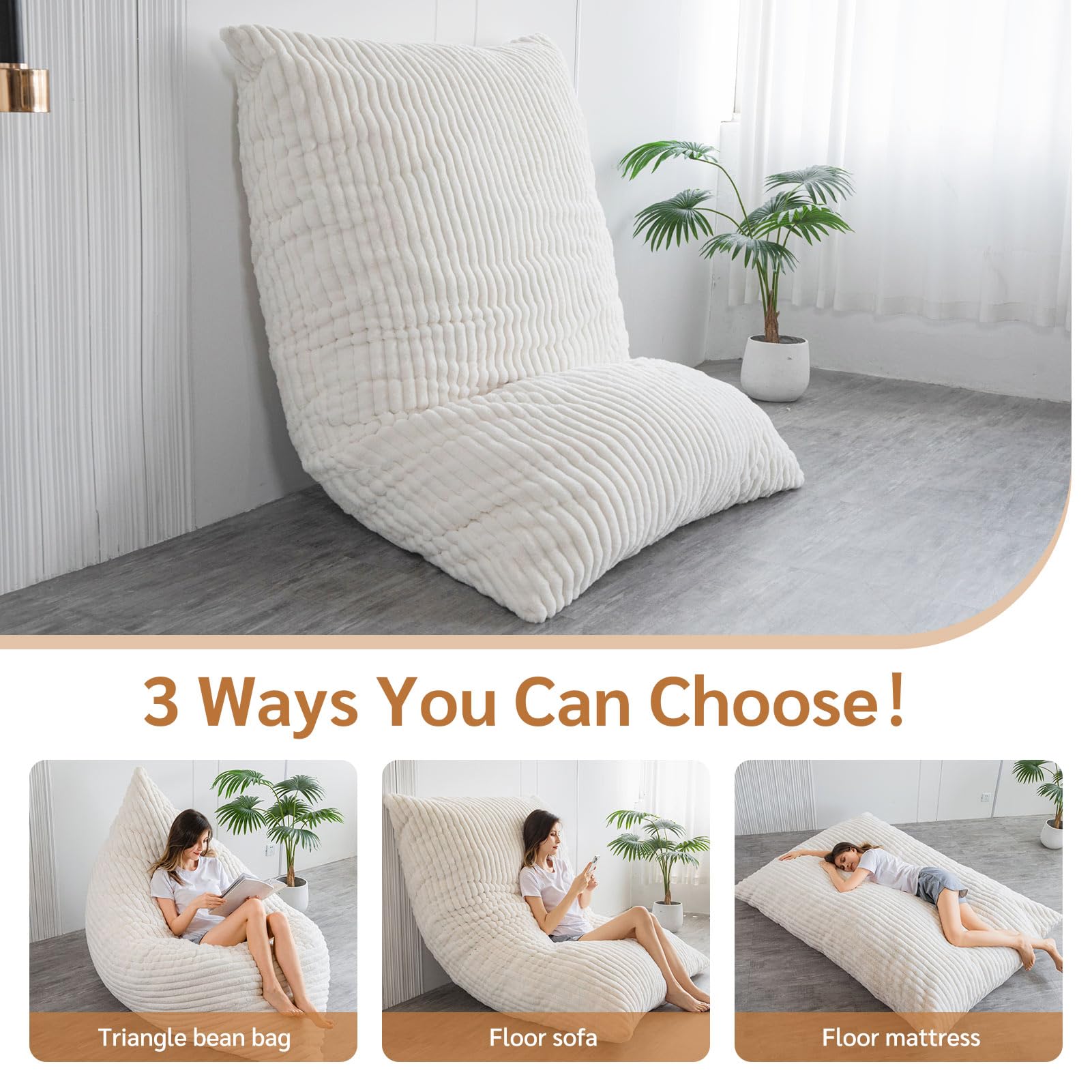 BYBYME 3-in-1 Convertible Bean Bag Chair & Sofa Bed for Adults - High-Density Foam Filling, Soft Faux Fur Cover - Giant Lounger for Living Room, Bedroom & Game Room - Perfect for Relaxing, Gaming & Movie Nights