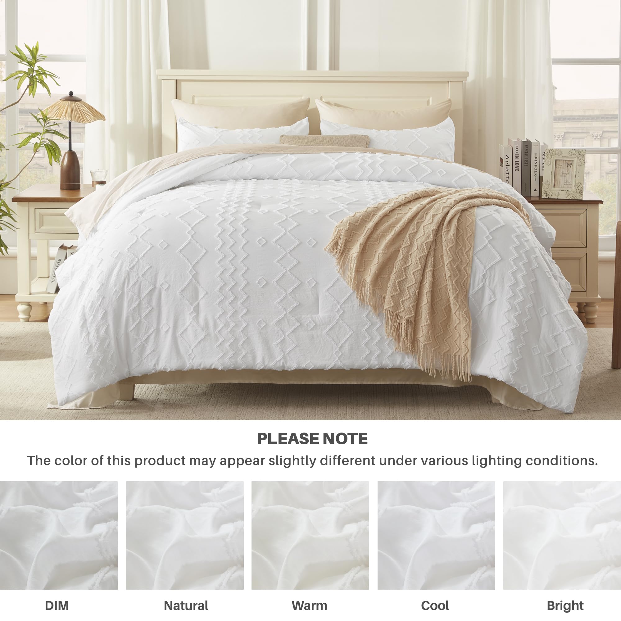 Luxury Andency White Tufted Comforter Set King Size (104x90 Inches) - 3 Piece Boho Farmhouse Bedding with Geometric Design | Soft Microfiber Down Alternative Duvet Cover & Pillowcases | Perfect for Master Bedroom, Guest Room & Cozy Farmhouse Decor