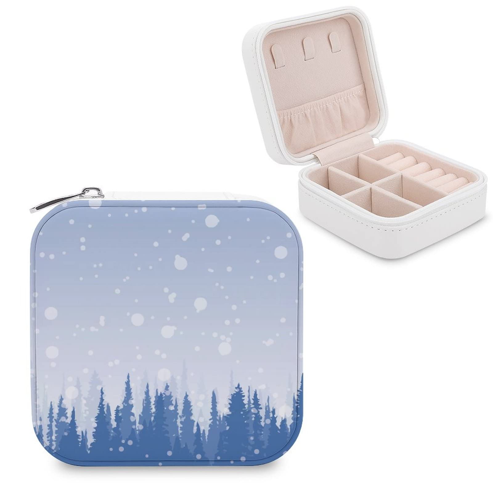 Stylish PU Jewelry Box - Portable Travel Organizer for Rings, Earrings, Necklaces & Bracelets - Compact Display Storage Case with Snowy Forest Design - Perfect for Travel, Gifts & Home Organization