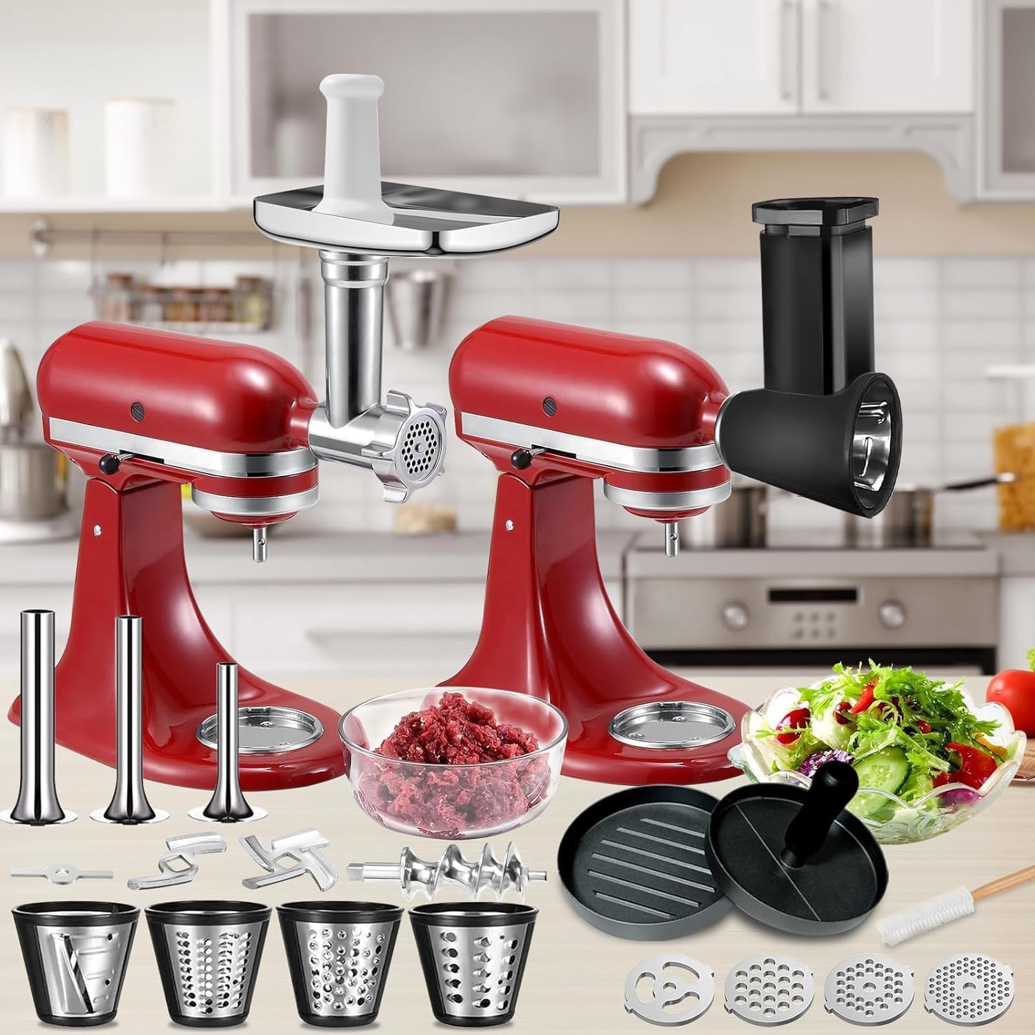 KitchenAid Stand Mixer Meat Grinder Attachment with 4 Grinding Plates, Cheese Grater, 3 Sausage Stuffer Tubes, Salad Maker & Burger Press - Perfect for Homemade Burgers, Sausages, Cheese Shredding & Healthy Meal Prep
