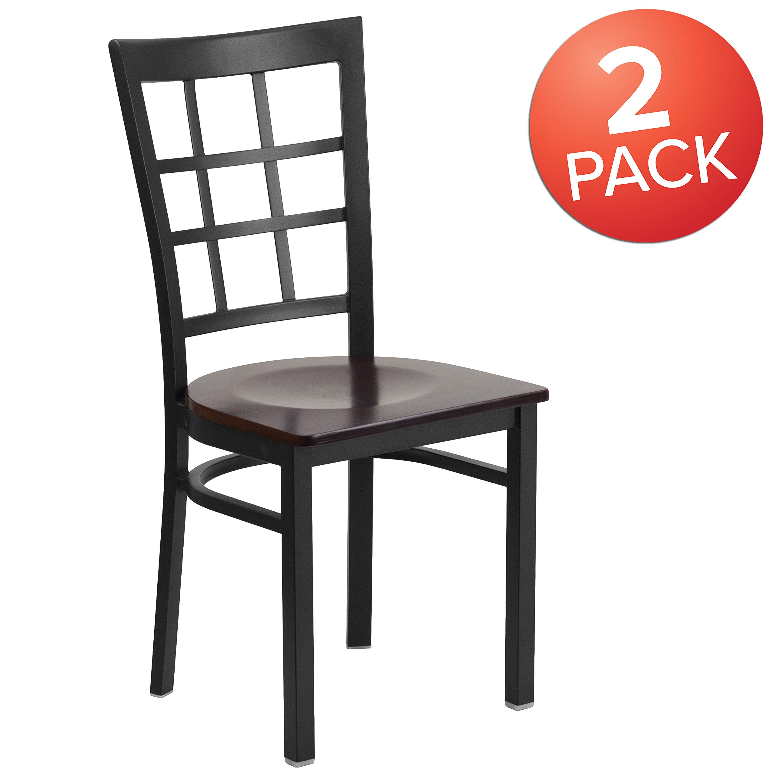 2 Pack Black Metal Frame Restaurant Chairs with Walnut Wood Seat - Heavy Duty Commercial Dining Chairs for Cafe, Bistro, and Home Kitchen Use