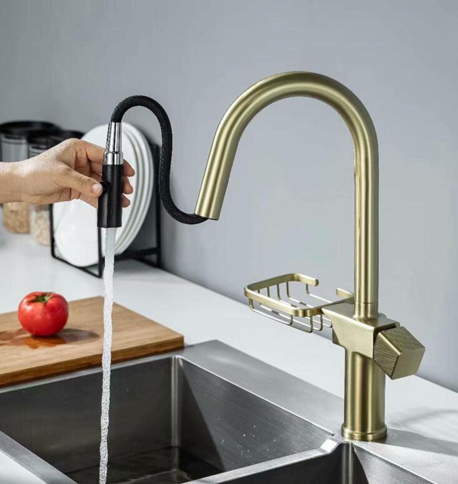 Brushed Gold Pull-Out Kitchen Faucet with Sprayer - Hot & Cold Water Swivel Mixer Tap for Modern Farmhouse & Contemporary Kitchen Sinks | Perfect for Washing Dishes, Filling Pots & Cleaning Vegetables