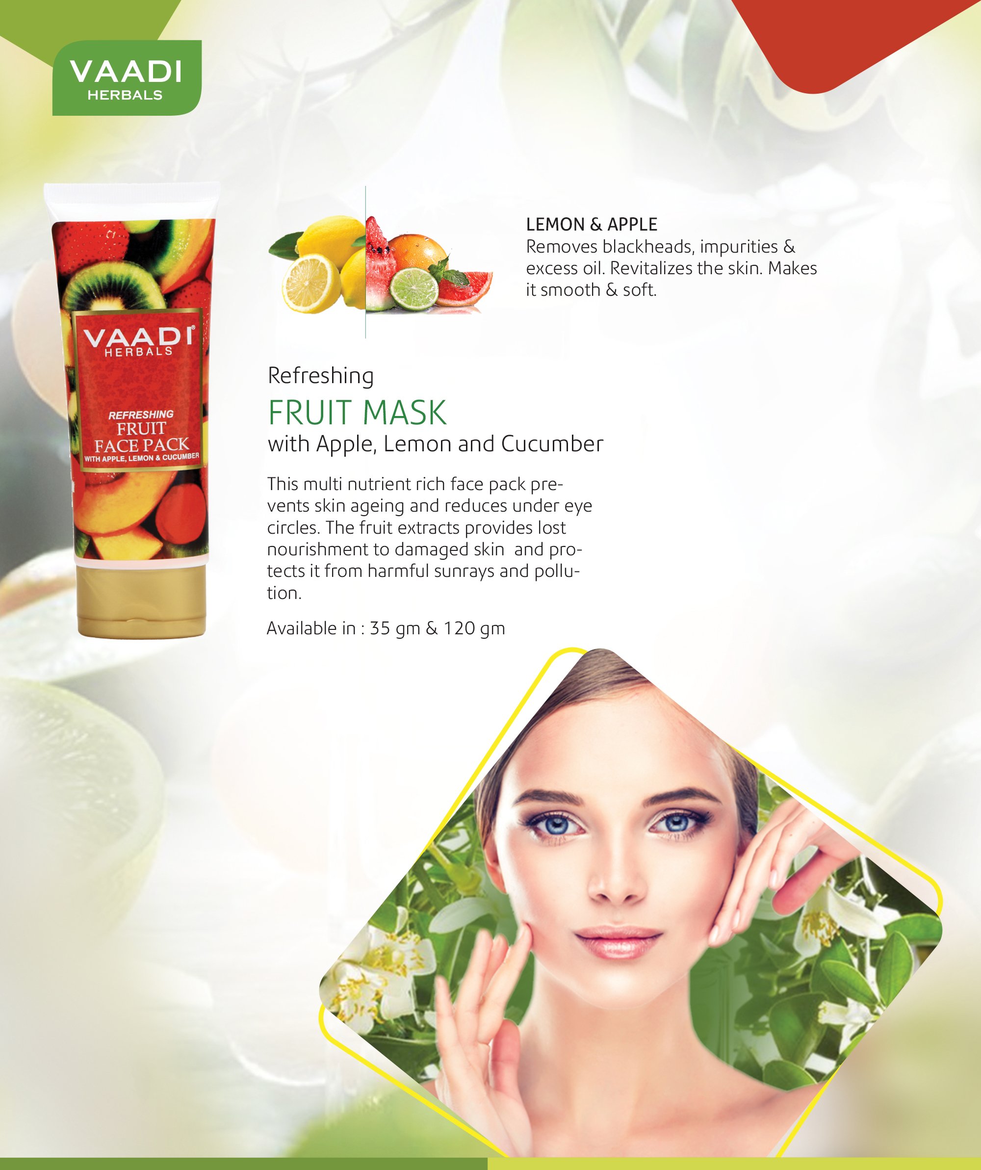 Vaadi Herbals Refreshing Fruit Face Pack with Apple, Lemon & Cucumber - 120g | Natural Glow & Hydration for All Skin Types | Perfect for Spa Day & Self-Care Routine