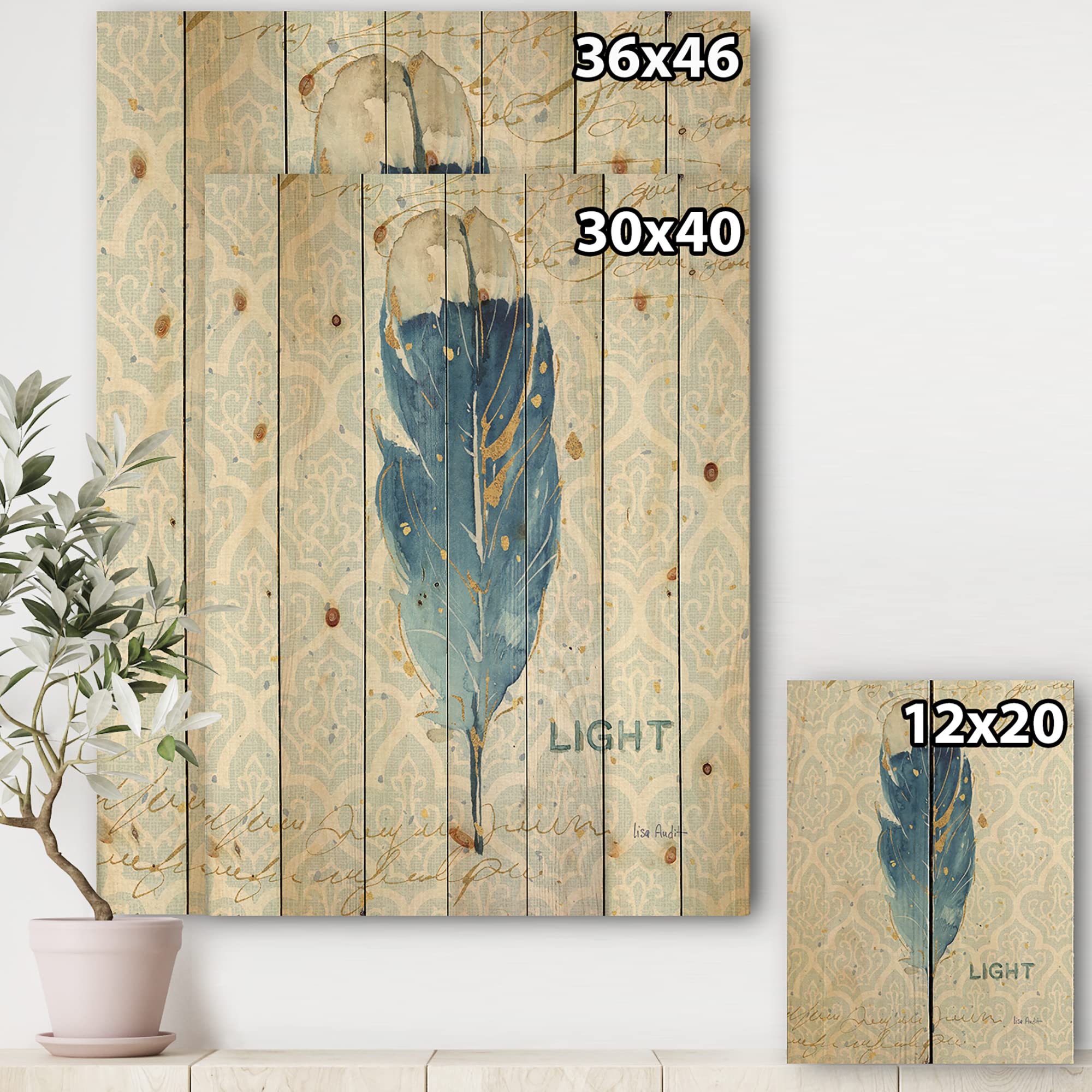 Blue Damask Feather Farmhouse Wood Wall Decor - Large Animal Printed Pine Wood Wall Art for Living Room, Bedroom, or Office | Rustic Home Decor