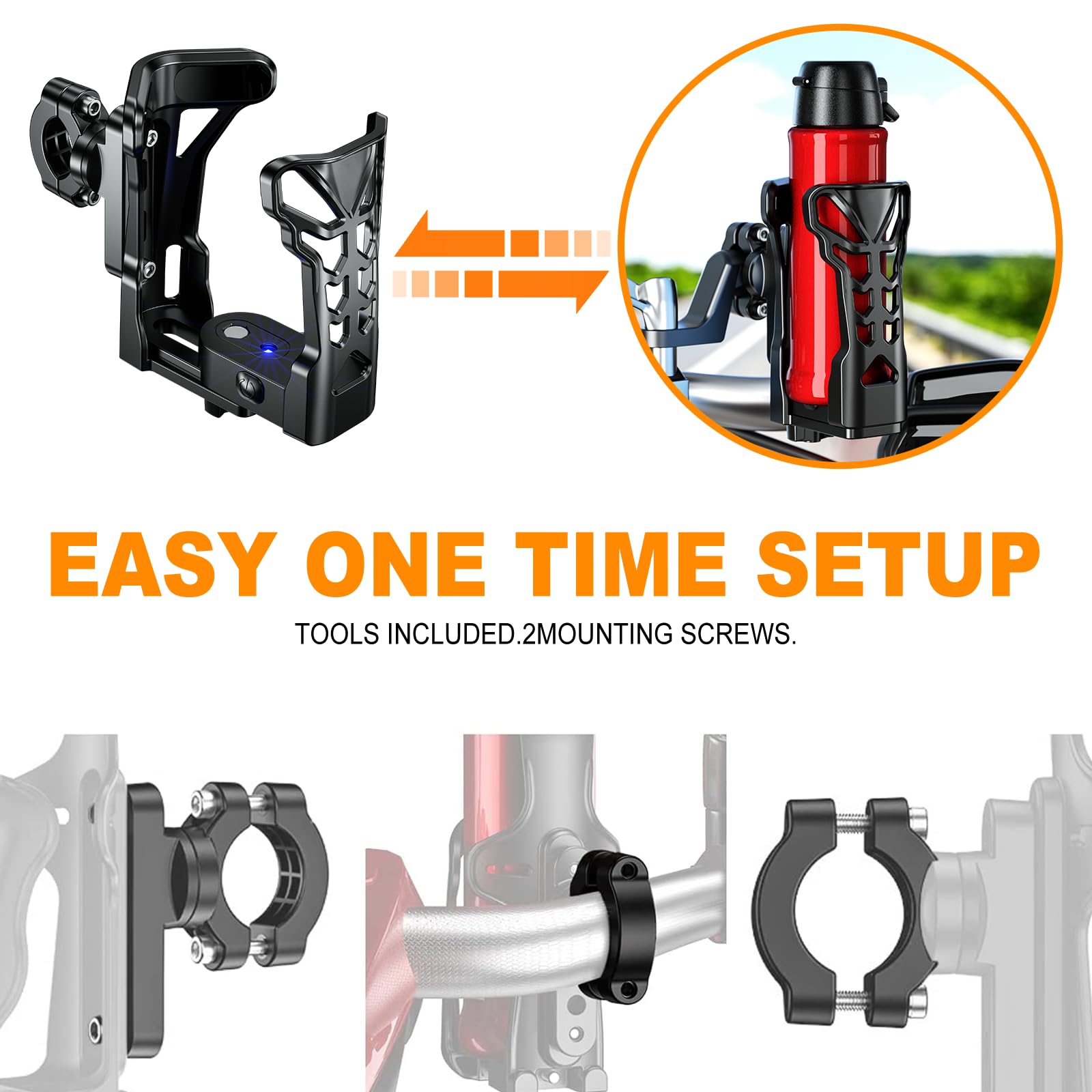 Upgraded Motorcycle Cup Holder with Atmosphere Light - 360° Rotating & Expandable Design, Holds Up to 32oz - Perfect for Bike, Motorcycle, ATV (Matte Black) - Ideal for Road Trips, Commuting & Outdoor Adventures