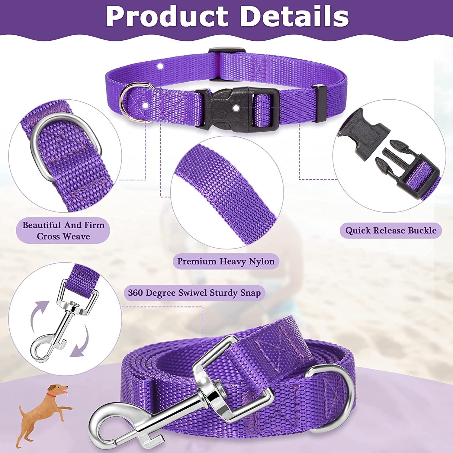 Premium Nylon Dog Collar and Leash Set for Small & Medium Dogs - Adjustable, Quick-Release, Breathable Puppy Collar with Matching Leash (Purple) - Perfect for Daily Walks, Training & Outdoor Adventures