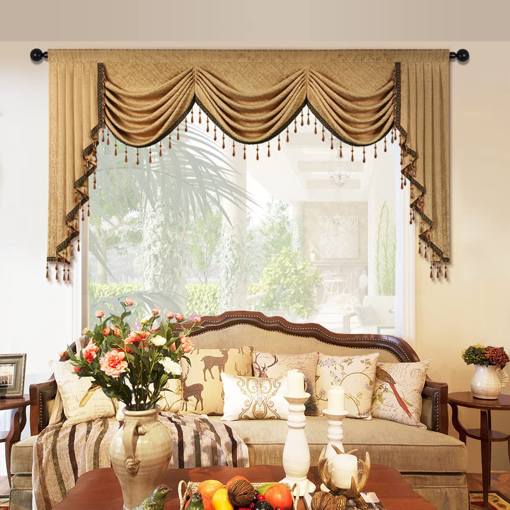 ELKCA Jacquard Waterfall Valance with Luxury Beads - Yellow Window Curtain Valance for Living Room, Rod Pocket Design, 1 Panel (79 Inches Wide) - Perfect for Living Room, Bedroom & Home Decor