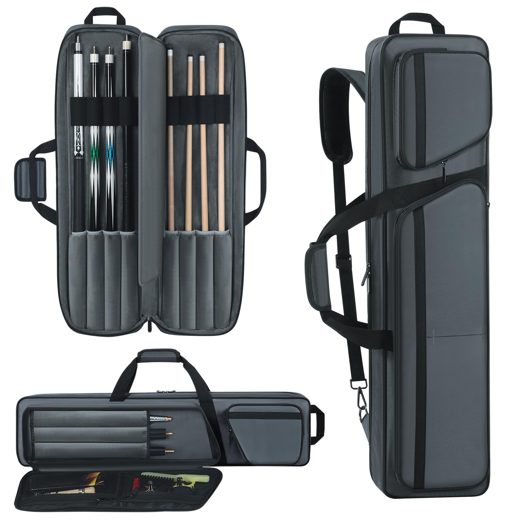 **Premium 4x4 Pool Cue Case - Thick Soft Flannel Billiard Stick Bag with Multiple Pockets for 4 Butts & 4 Shafts, Adjustable Shoulder Strap & Handle - Ideal for Pool Halls, Tournaments & Travel**