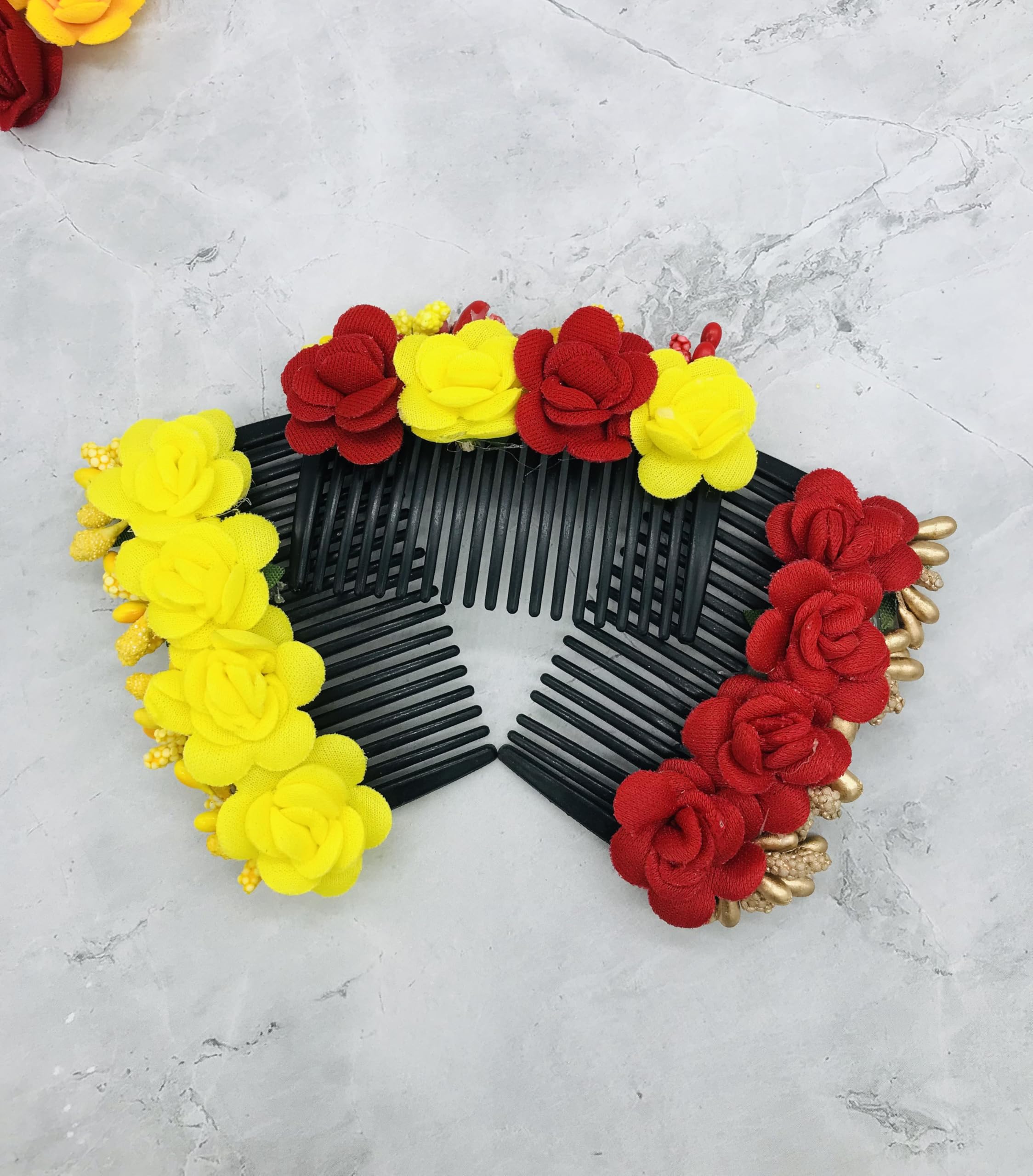 Gadinfashion™ Artificial Flower Hair Side Comb - Juda Comb for Women & Girls | Yellow & Red Pack | Wedding, Party & Bridal Hair Accessories