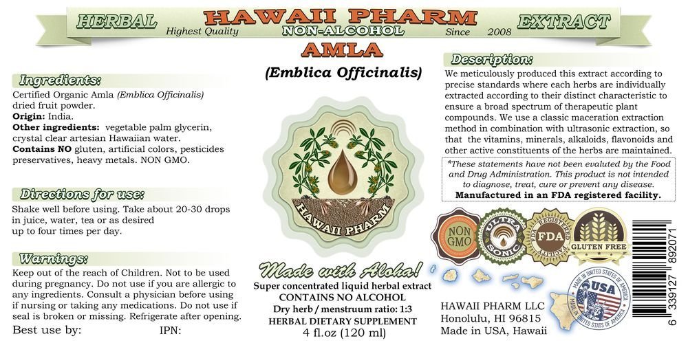 Organic Amla Alcohol-Free Liquid Extract (Emblica Officinalis) - 64 oz Natural Herbal Supplement by Hawaii Pharm | Glycerite for Immune Support, Hair Growth & Skin Health | Perfect for Smoothies, Teas & Daily Wellness Routine