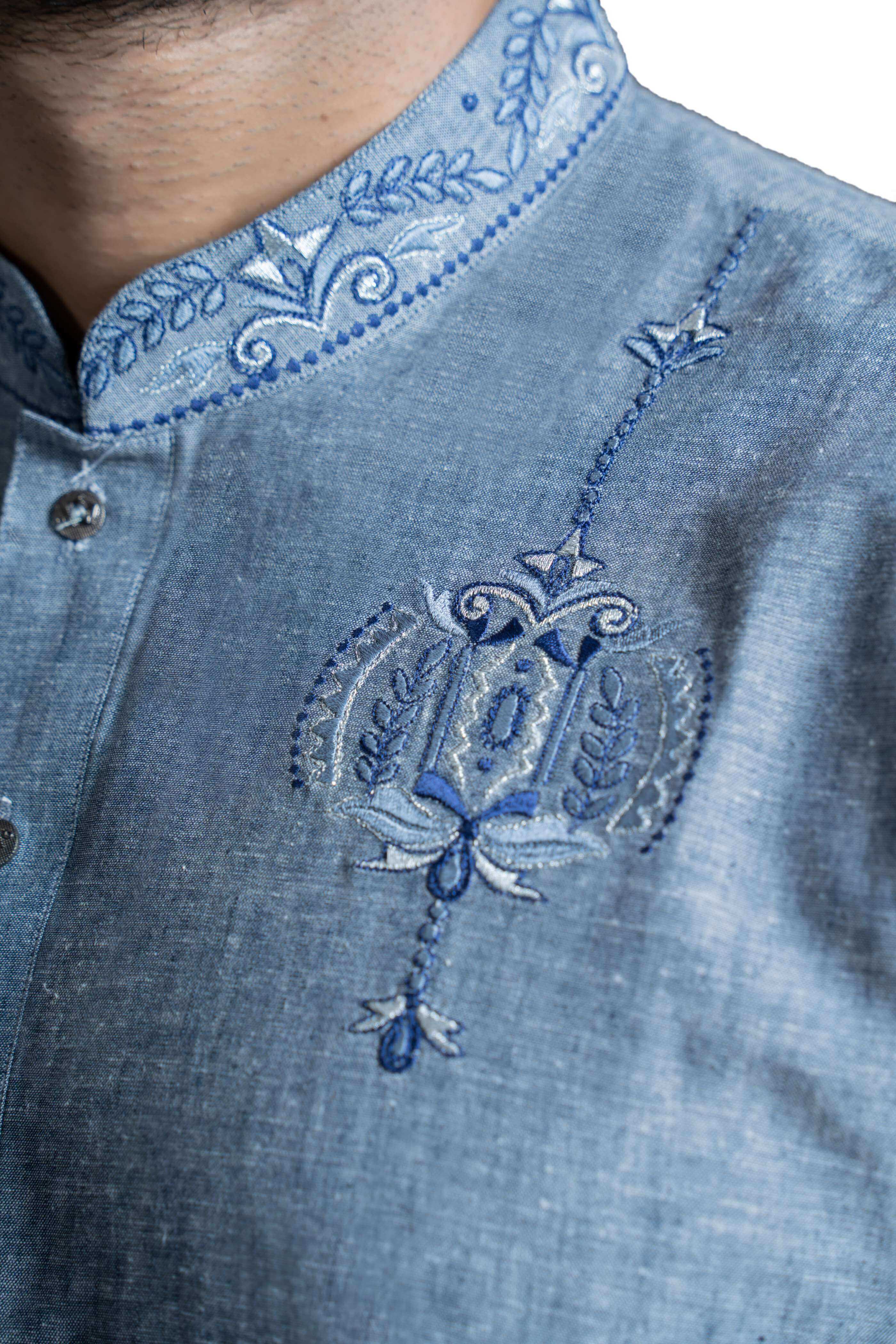 Grey & Blue Embroidered Linen Kurta Pant Set - Classic Fit for Men | Traditional Indian Ethnic Wear for Weddings & Festivals