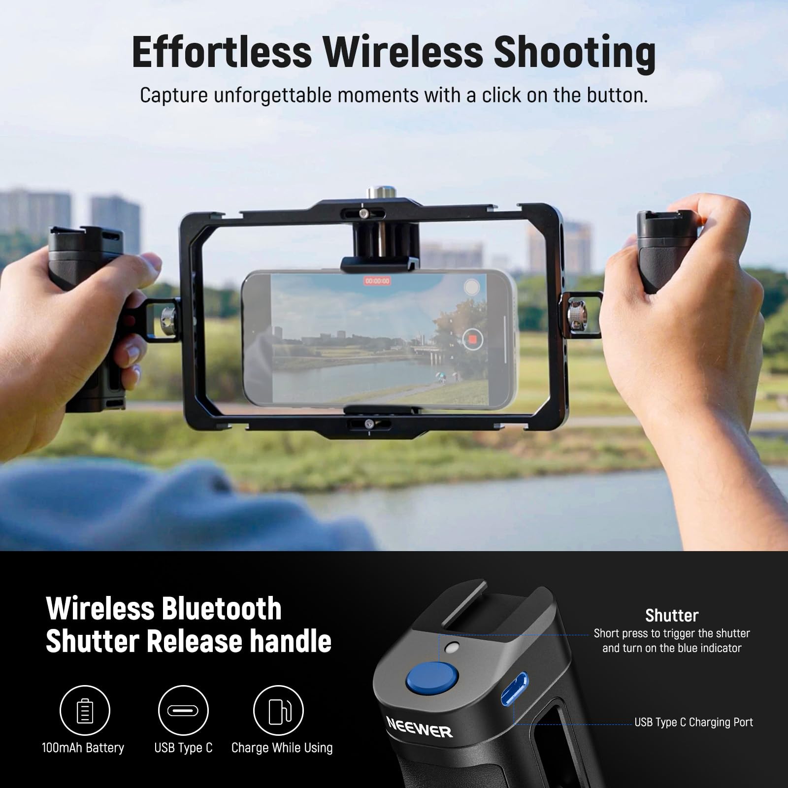 **NEEWER Universal Phone Cage Stabilizer Video Rig with Bluetooth Shutter, RGB LED Light & USB-C Mic - Compatible with iPhone 16 Pro Max/15 Pro Max, Samsung S24 Ultra (PA009E) - Perfect for Vlogging, Live Streaming & Content Creation**