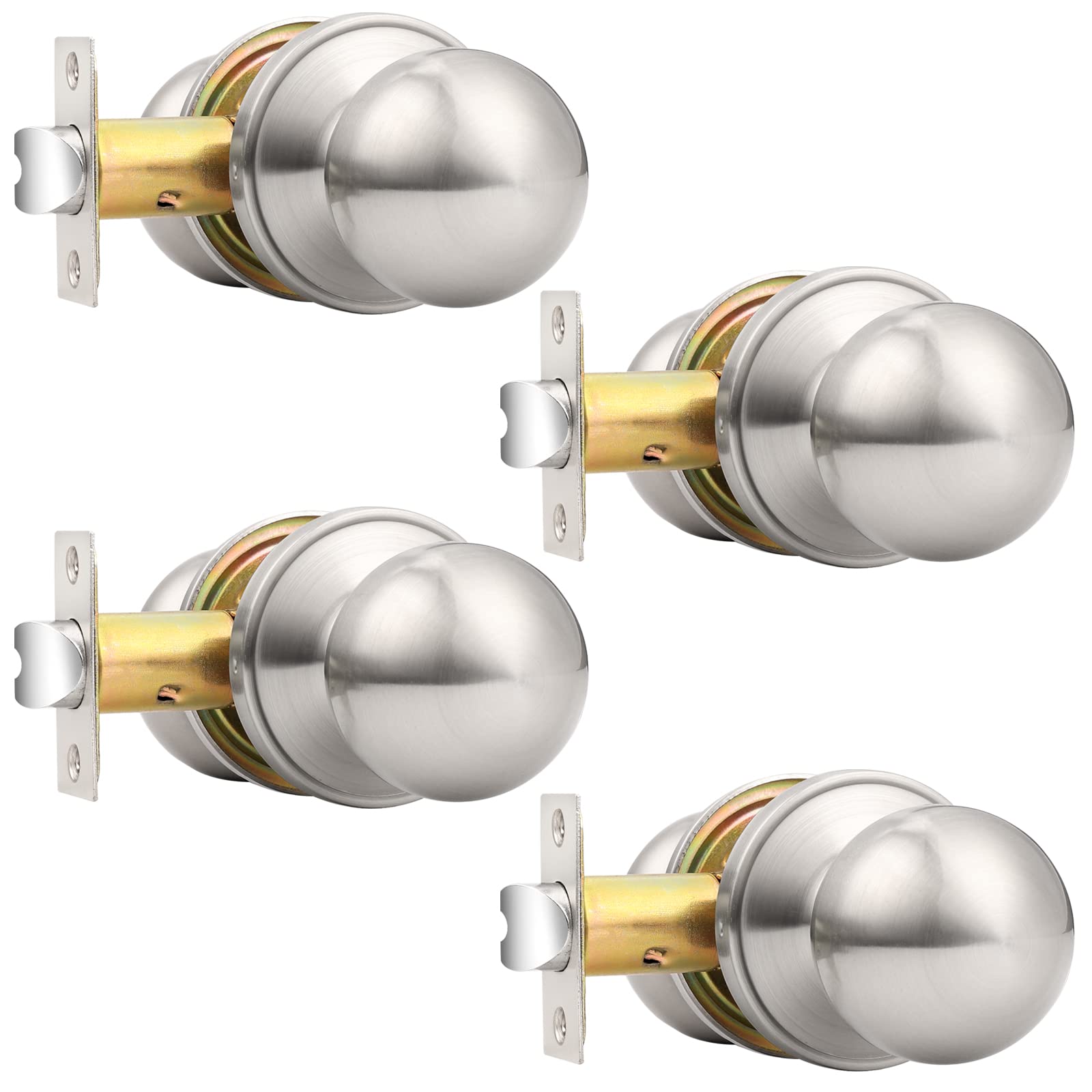 Round Brushed Nickel Interior Door Knobs - 4 Pack Keyless Passage Door Handles for Hallway, Closet & Bedroom | Smooth Operation & Modern Design