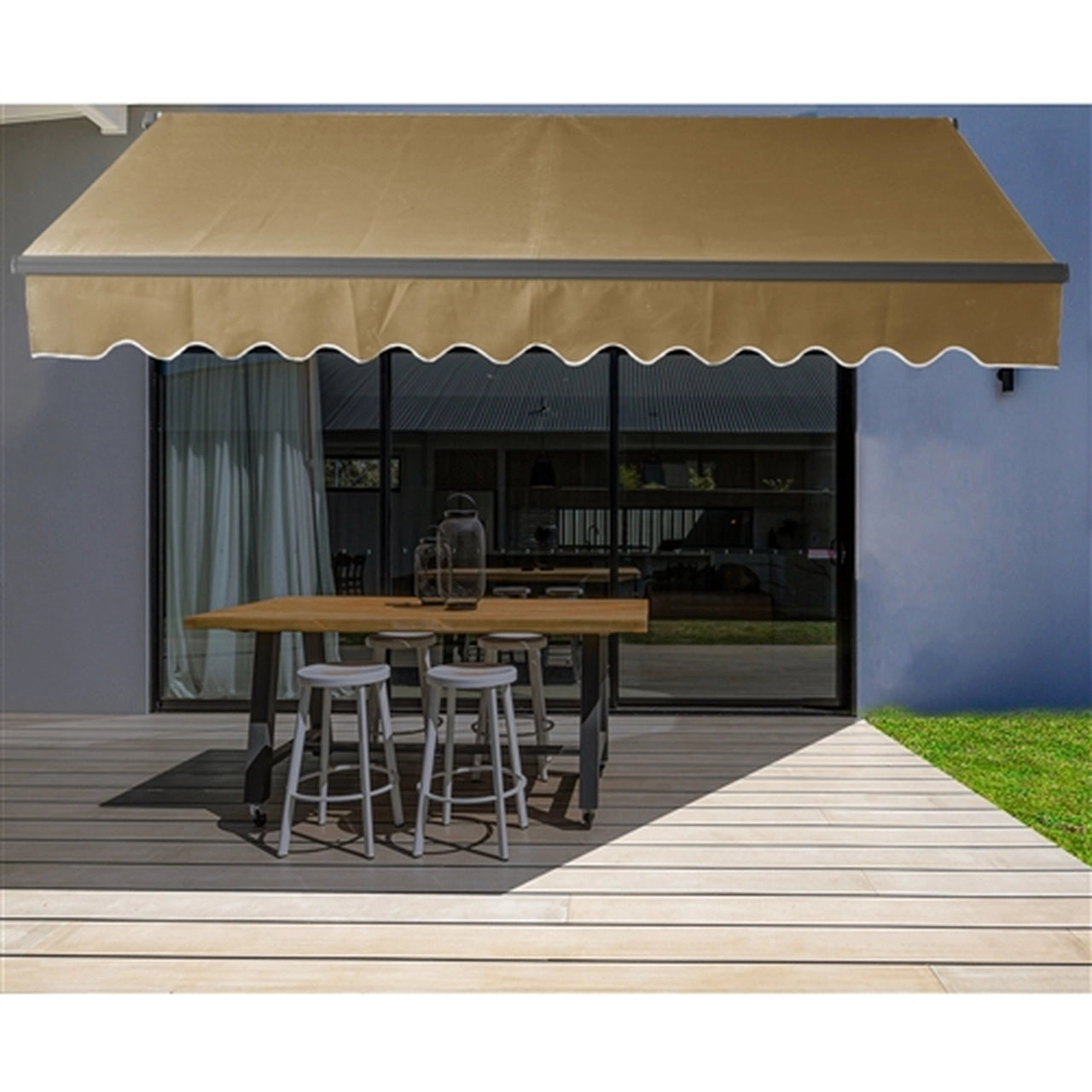 Aleko 13x10 Feet Motorized Retractable Patio Awning with Black Frame - Sand Color for Outdoor Shade & Backyard Relaxation