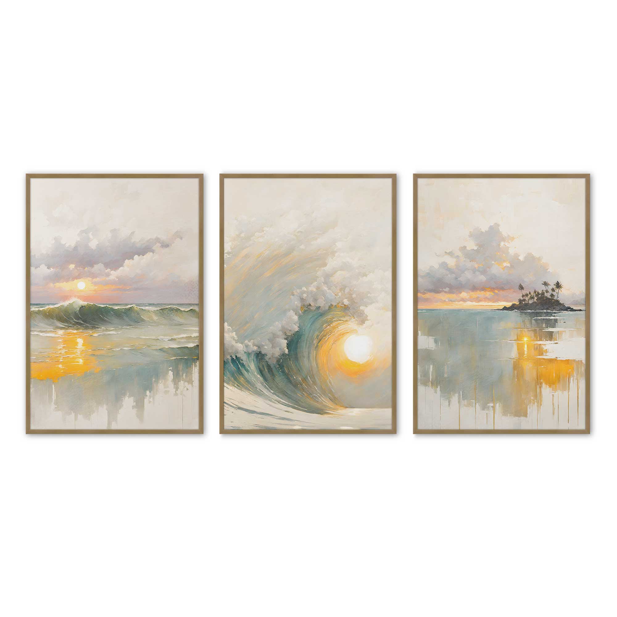 Golden Waves at Sunset - Set of 3 Framed Ocean Wall Art Prints for Beach House Decor, Living Room, Bedroom & Office