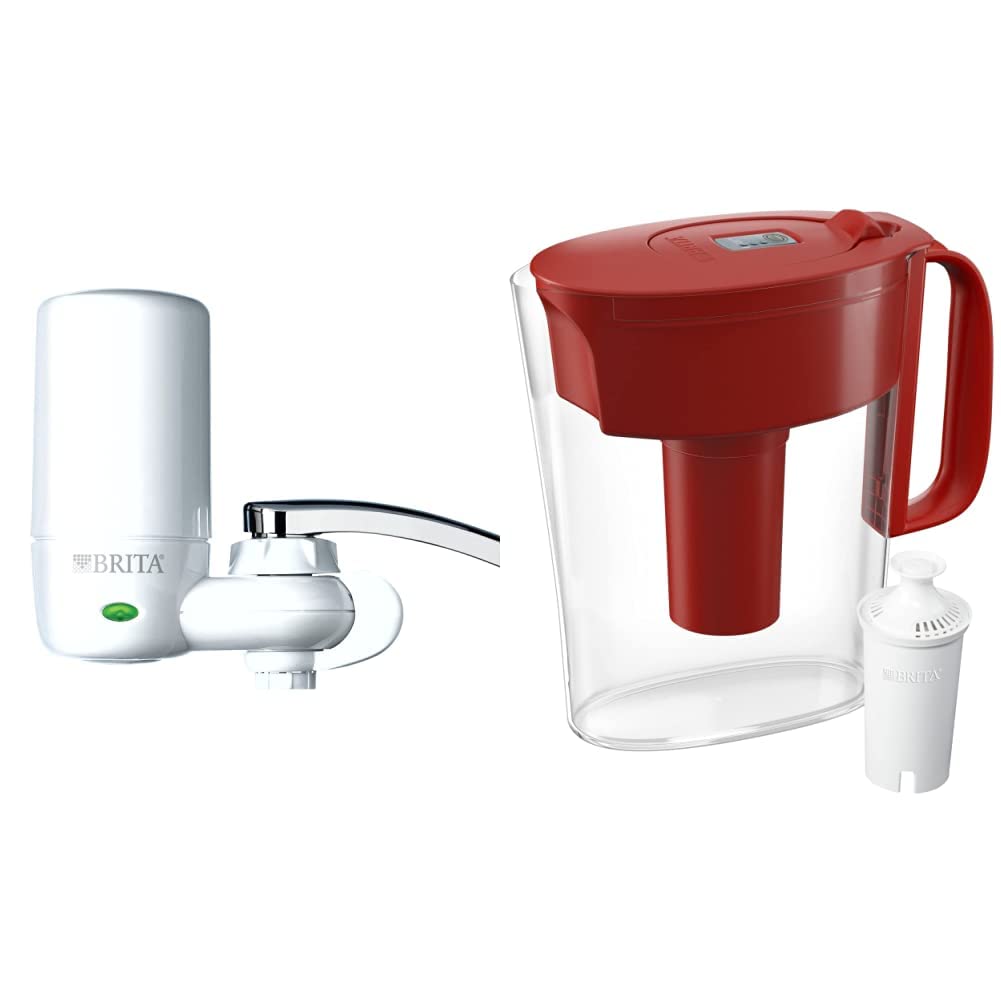 Brita Basic Faucet Water Filter System & Standard Metro Water Filter Pitcher Set - White Faucet Filter & 5 Cup Red Pitcher (1 Count Each) | Clean Drinking Water for Home, Office, Kitchen, and Travel