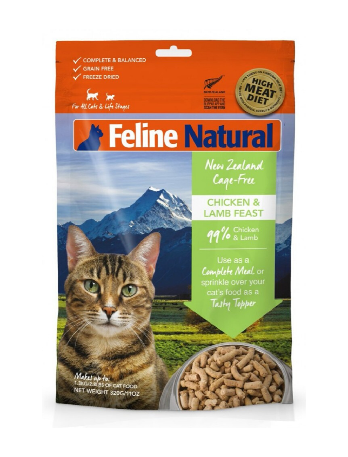 Feline Natural Freeze Dried Cat Food - Grain Free Chicken & Lamb Recipe - 11.3oz (320g) for Adult Cats - High Protein Raw Nutrition for Indoor & Outdoor Cats - Perfect for Travel & Treats