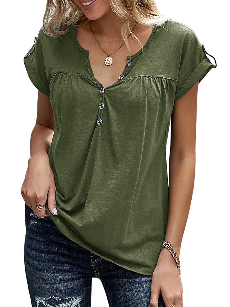 Women's V-Neck Short Sleeve Henley T-Shirts - Summer Button Up Casual Blouse with Rolled Sleeves | Loose Fit Solid Color Tops for Everyday Wear, Beach Outings & Weekend Errands