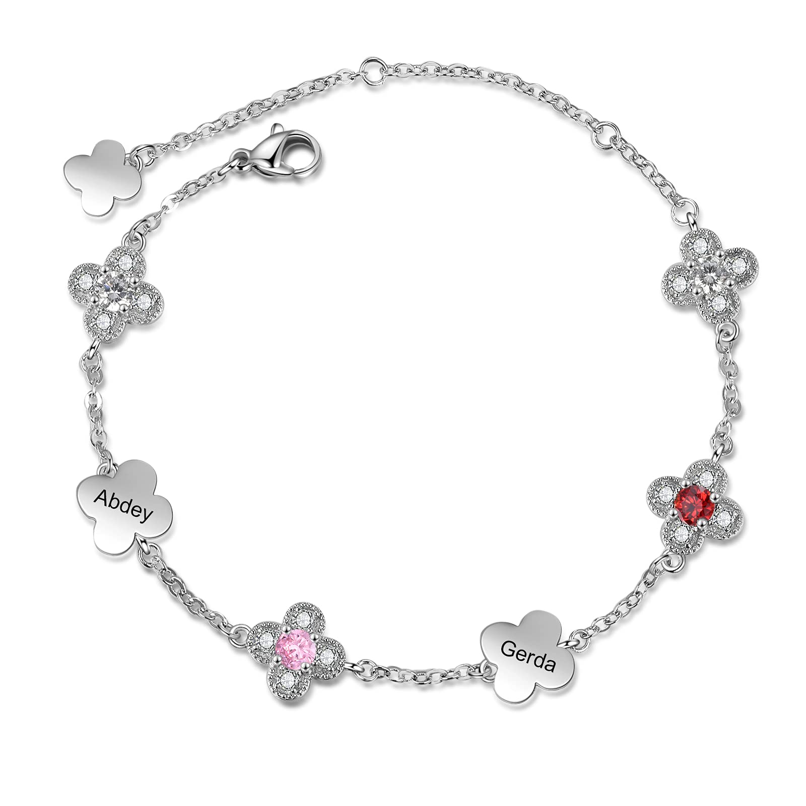 Personalized Flower Bracelet with 2-5 Birthstones for Women - Engraved Name Jewelry Gift for Girlfriend, Flower Girl & Bridesmaid - Lucky Four Leaf Clover Charm Bracelet for Weddings, Anniversaries & Special Occasions