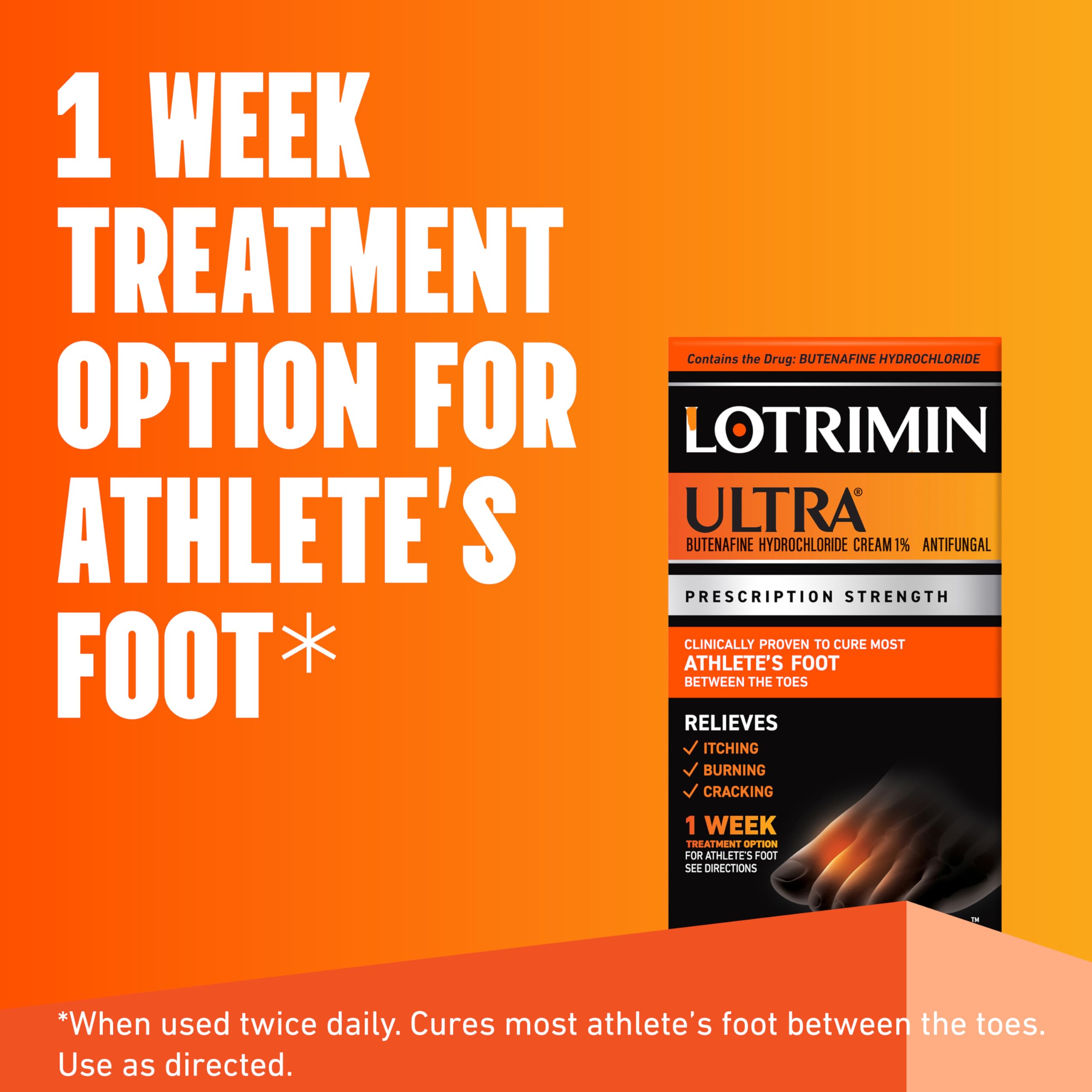 Lotrimin Ultra 1 Week Athlete's Foot Treatment Cream - Prescription Strength Butenafine Hydrochloride 1% - Fast Relief for Itching, Burning & Cracking Between Toes - 1.1 Oz - Ideal for Gym, Pool & Locker Room Use